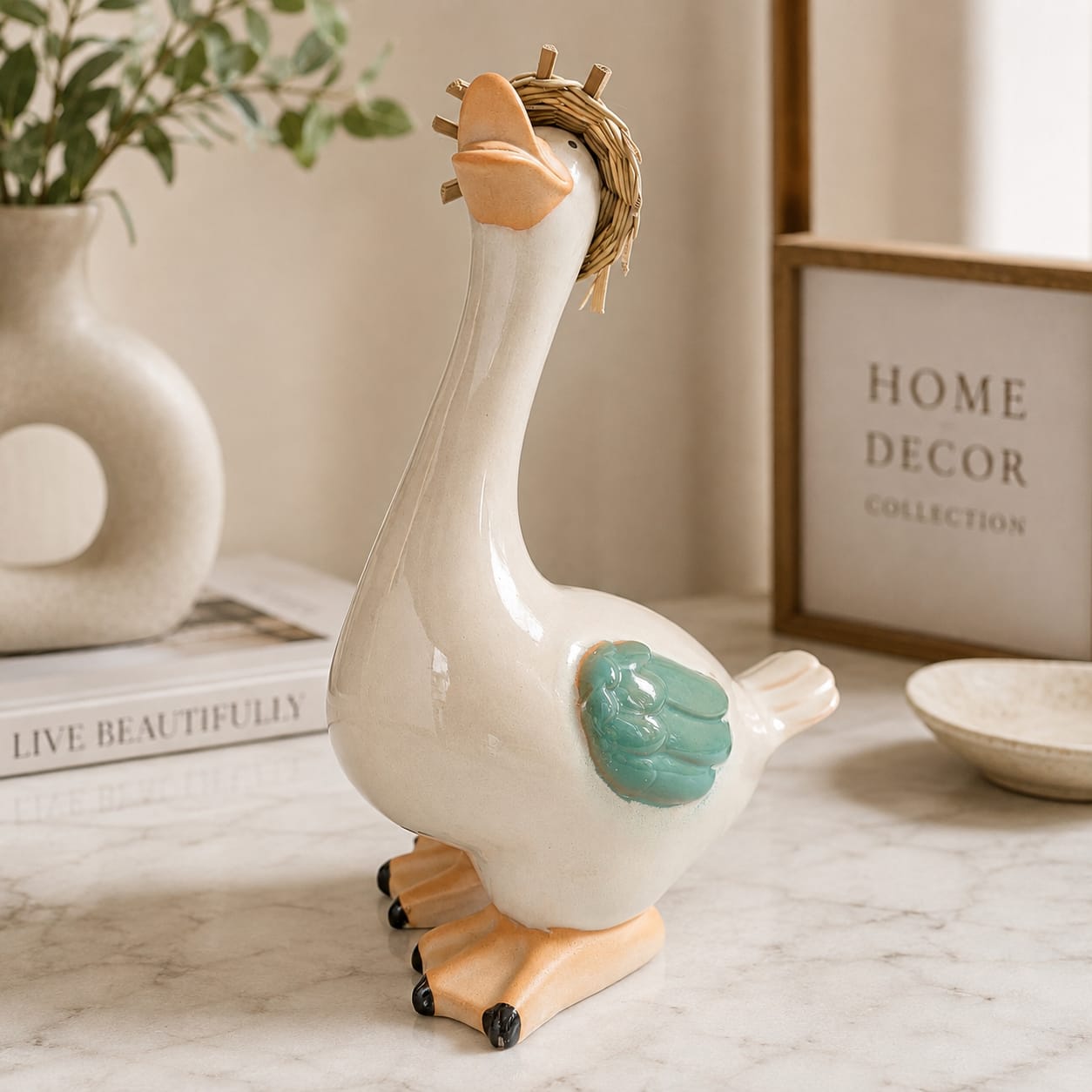 Quirky Straw-Hat Duck Ceramic Figurine
