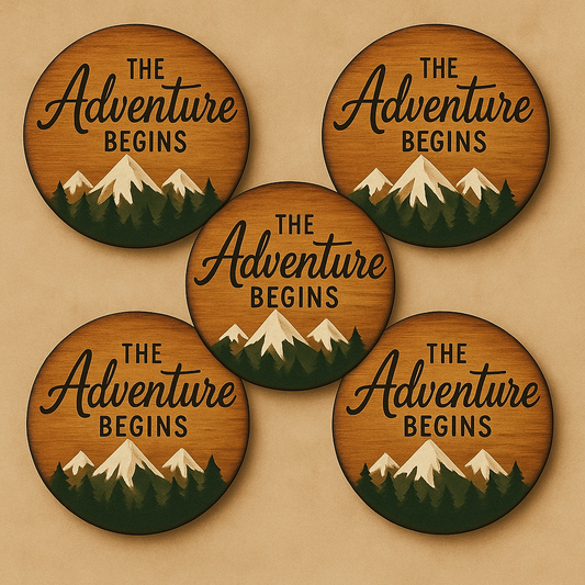 "The Adventure Begins" Wooden Coasters – Set of 6