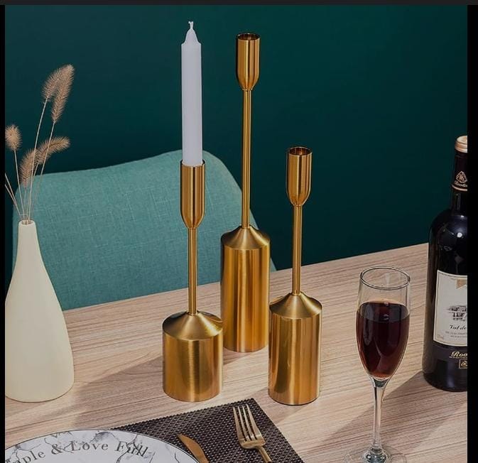 Elegant Gold Metal Candle Stands - Set of 3