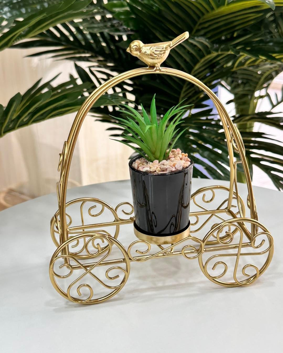 Golden Carriage Planter with Decorative Bird Topper
