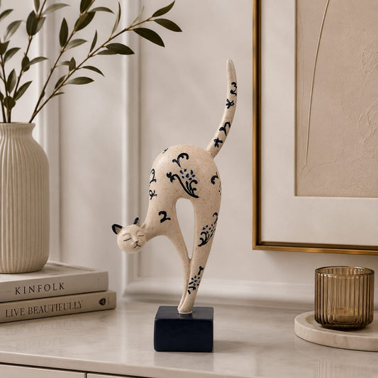Hand-Painted Stretching Cat Sculpture