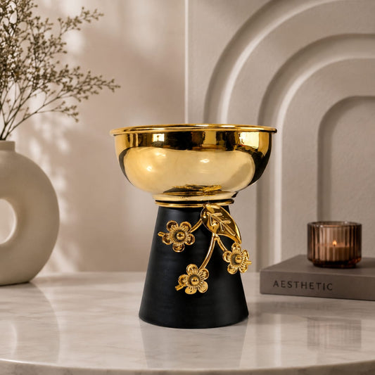 Gold & Black Floral Pedestal Bowl