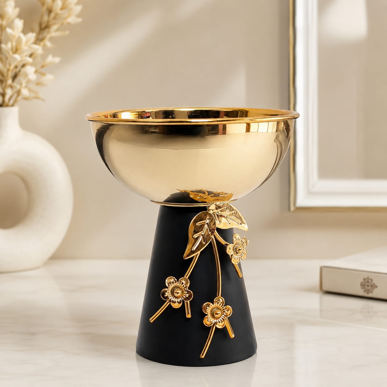 Gold & Black Floral Pedestal Bowl