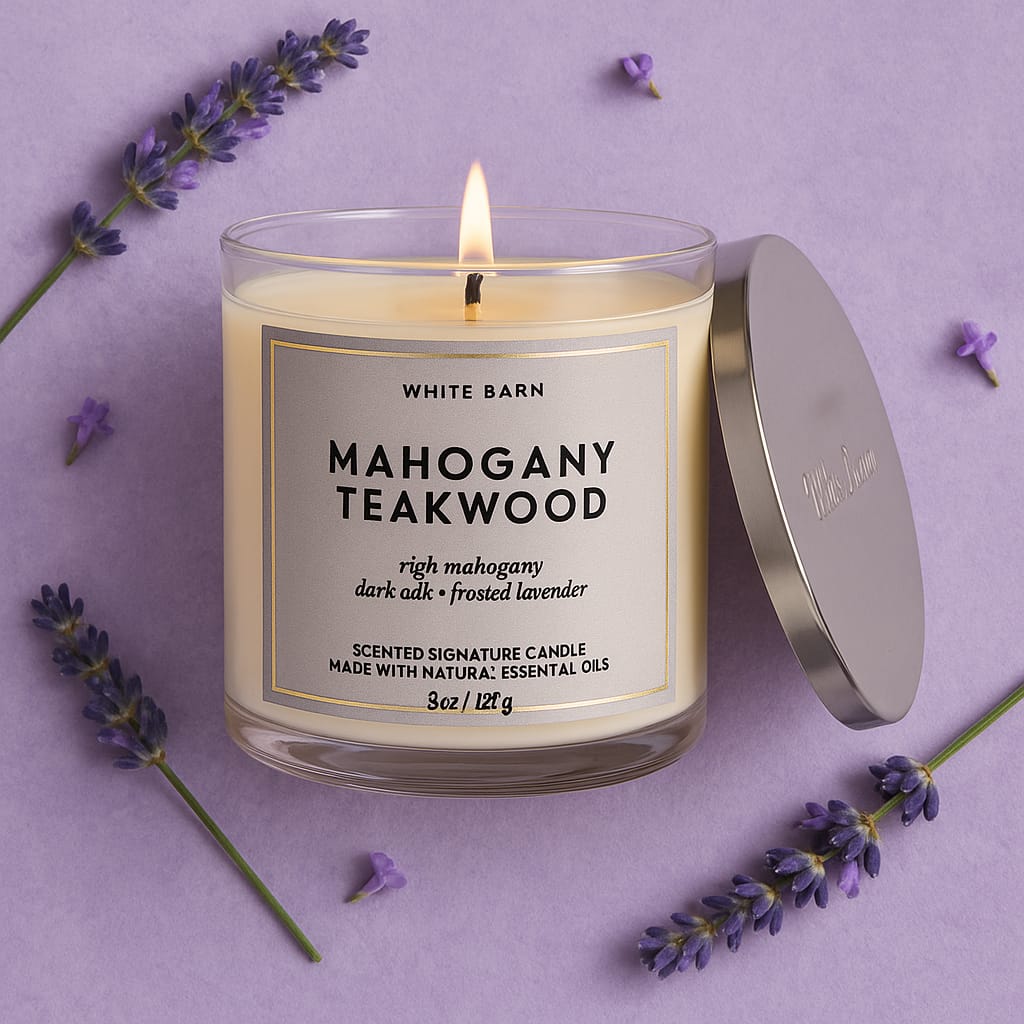 Mahogany Teakwood Scented Candle – Frosted Lavender